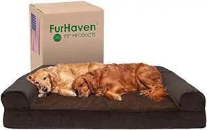 Furhaven Orthopedic Dog Bed for Large Dogs w/ Removable Bolsters & Washable Cover, For Dogs Up to 125 lbs - Sherpa & Chenille Sofa - Coffee, Jumbo Plus/XXL