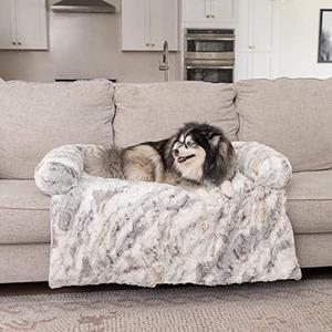 Calming Bed for Dogs & Cats  Plush Fluffy Dog Bed for Car, Sofa with Removable Washable Cover & Soft Neck Bolster  Stylish Marble Print Pet Dog Couch Bed Furniture Protector Mat  Large, 47