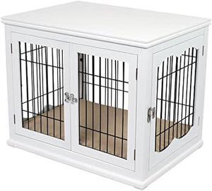 Internet's Best Decorative Dog Kennel with Pet Bed - Small Dog - Double Door - Wooden Wire Dog House - Indoor Pet Crate Side Table - White