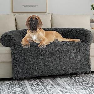 Syalife Shaggy Plush Calming Dog Couch Bed Pet Protector, Fluffy Waterproof Lining and Nonskid Bottom, Dog Mat for Furniture Protector with Washable Cover(55x43x8, Dark Gray)