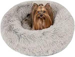 Friends Forever Donut Dog Bed Faux Fur Fluffy Calming Sofa For Small Dogs, Soft & Plush Anti Anxiety Pet Couch For Dogs, Machine Washable Coco Pet Bed with Non-Slip Bottom, 23x23x6 Grey