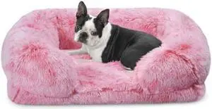 Charlie's Shaggy Faux Fur Memory Foam Sofa Bed, Orthopedic Support Egg Create Ultra Plush Sofa Style Couch for Dogs Cats Pet Bed Removable Cover Anti-Slip Base - Ombre Pink Medium