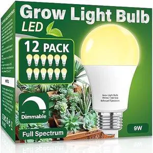 12 PACK Grow Light Bulb Indoor Grow Light,A19 Full Spectrum Plan Light bulb,E26 110V 9W Grow Bulb Replace up to 100W, Plant Light Bulb for Indoor Plants, Flowers, Greenhouse, Indore Garden, Hydroponic