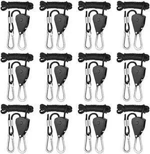 iPower 6 Pairs 1/8 Inch Adjustable Heavy Duty Rope Hanger Ratchet Grow Light Fixtures, Reinforced Metal Internal Gears, 150lbs Weight Capacity, 8-Feet Long Black