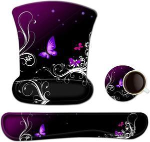 ToLuLu Keyboard Wrist Rest Pad Ergonomic Mouse Pad Set, Mouse Pad for Computer Laptop, Non Slip Mousepad Keyboard Wrist Support with Raised Memory Foam for Easy Typing Pain Relief, Purple Butterfly