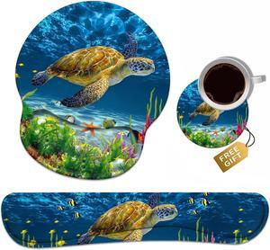 BXIKEOPIU Keyboard Wrist Rest + Mouse Pad Wrist Support Set with Coasters, Non-Slip PU Base Ergonomic Mousepad for Home Office Working Studying Easy Typing & Pain Relief, Sea Turtle