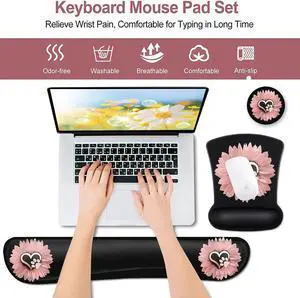 Mouse Pad with Wrist Support, Ergonomic Gel Mouse Pad, Memory Foam Keyboard Wrist Rest,for Office Typing, Games, Desktop Decoration, Sunflower and Dog Paw Print Pet and Pink Flowers