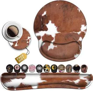 Keyboard Wrist Rest and Mouse Pad with Wrist Support Ergonomic Mousepad Coaster, Easy Typing Pain Relief Keyboard Set, Memory Foam Keyboard Wrist Rest,Cowhide Farm Animal Skin Leopard Brown Cow