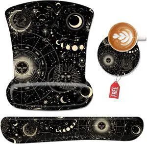Ergonomic Mouse Pad and Keyboard Wrist Rest, Mouse Pad Wrist Support with Non Slip Rubber Base Mousepad Set + Coaster for Computer, Laptop, Easy Typing & Pain Relief, Moon
