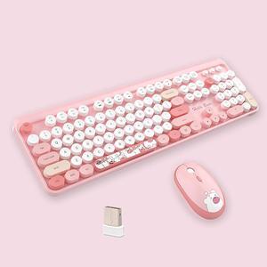 Hello Bear 2.4G Full-Size Wireless Keyboard and Mouse Combo, Multi-Color Typewriter Style Round Keycap, Cute Candy Colors, Compatible with Notebook, PC (Pink)