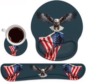Keyboard Wrist Rest and Mouse Pad Wrist Rest Support Set with Coasters, Non-Slip PU Base for Gaming and Office, Comfortable & Lightweight for Easy Typing & Pain Relief, American Flag Patriotic Eagle