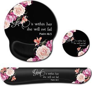 Keyboard Wrist Rest Pad and Ergonomic Mouse Pad Wrist Support Set for Computer, Gaming, Office, Pain Relief + CoastersPeony Flower Psalm 46:5 God is Within Her, She Will Not Fall