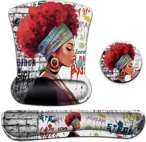 Keyboard Wrist Rest Pad and Ergonomic Mouse Pad Wrist Support Set African Woman Graffiti Girls with Red Hair for Gaming, Office, Comfortable and Pain Relief with Coaster Set