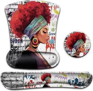 Ergonomic Mouse Pad Wrist Support Gel and Keyboard Wrist Rest Set African Graffiti Girls with Red Hair Design for Laptop Gaming and Office, Comfortable and Pain Relief + Coaster