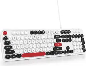 Owpkeenthy Computer Keyboard Wired, Plug and Play USB Retro Round Typewriter Keyboard, Full Size Wired Keyboard with Foldable Stands for Laptop and Office PC (White)