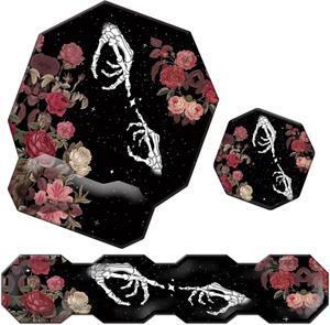 Keyboard Wrist Rest & Ergonomic Mouse Wrist Rest Pad Set, Octagon Mouse Pad Made of Memory Foam with Non Slip Rubber Base Easy Typing Relieve Wrist Pain for Computer Office - Rose Skull Skeleton