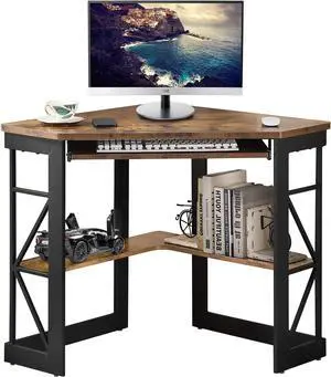 VECELO Corner Computer Desk Writing Smooth Keyboard Tray & Storage Shelves,Compact Home Office Triangle Table, Antique Brown