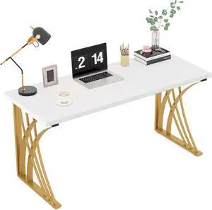 LITTLE TREE 55 Large Modern Computer Desk, White & Gold Luxury Laptop PC Student Table, Makeup Vanity Table with Thick Frame & Strong Legs, Sturdy Writing Workstation for Home & Office