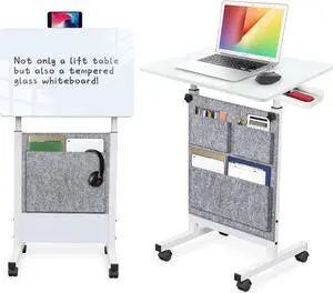 Adjustable Height Standing Desk, Writable Tempered Glass Desktop with Eraser, 360° Flip, Wheels and Bag Ideal for Small Spaces and Home Offices, 24 in, White(Adjustable Height: 32-47 in)