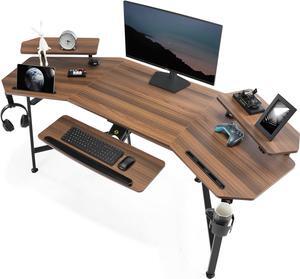 EUREKA ERGONOMIC 72" Computer Desk W Keyboard Tray, Wing-Shaped Music Studio Desk, Large Gaming Desk W LED Convertible Monitor Stand Dual Headphone Hanger for Recording Live Streamer, Walnut Wood