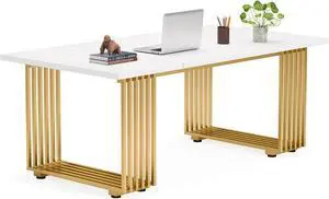 LITTLE TREE 70.9 in Executive Desk, White Computer Desk with Gold Metal Legs