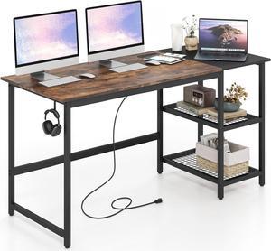 Tangkula 59 Inch Computer Desk with Charging Station, Home Office Desk with Hook & 2 Tier Storage Shelves, Industrial Modern PC Laptop Desk Computer Workstation Writing Study Desk with Metal Frame