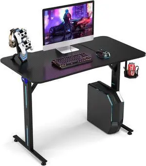 Tangkula Gaming Desk, T-Shaped Computer Desk w/Game Controller Stand, Cup Holder and LED Light, Ergonomic Home Office Game Station with Carbon Fiber Surface (Black)