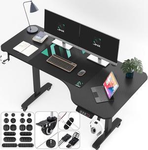 JWX Standing Adjustable Desk, 63 inches L Shaped Electric Standing Gaming Desk with Locking Wheels, Cup Holder, Headphone Hook, Cable Manager, Mouse pad, Carbon Fiber Textured Pane