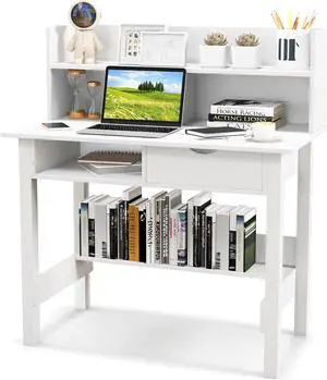 Tangkula White Desk with Hutch, Home Office Writing Study Desk with Storage Bookshelf & Drawer, Modern Makeup Vanity Desk for Bedroom, PC Laptop Desk Computer Desk for Working Studying
