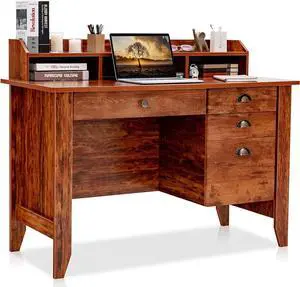 SILKYDRY Computer Desk with 4 Storage Drawers and Hutch, 48 Vintage Desk with File Drawer & Monitor Stand, Home Office Executive Desk Workstation Writing Study Table (Rustic Brown)