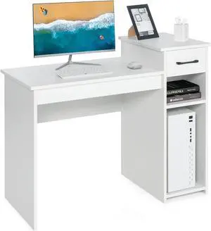 Giantex White Computer Desk, 40" Study Writing Desk with Drawers and Printer Shelves, Modern PC Laptop Workstation for Small Space Home Office