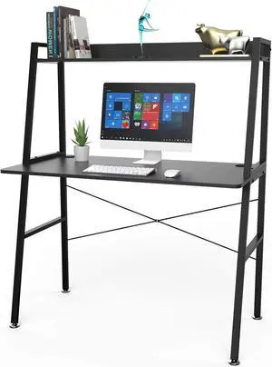 DESIGNA 43 Inch Black Small Computer Gaming Desk with Storage Shelves, 2-Tier Home Office Work Study Writing PC Laptop Ladder Table with Bookshelf Modern Workstation Space Saving, Sturdy Metal Frame