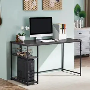 ivinta Computer Desk with Shelves, Office Desk for Living Room,Small Desk with Storage Space, Home Office Desks, Vanity Desk with Gold Legs PC Laptop Table (Brown, 55")