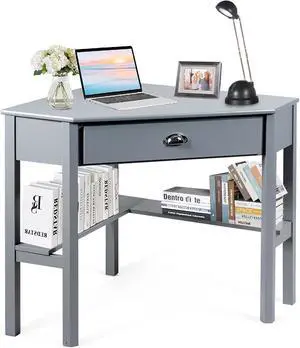 SILKYDRY Corner Computer Desk, Space-Saving Corner Table with Drawer & Shelves, Home Office 90° Triangle Corner Workstation, Modern Makeup Vanity Table, Small Corner Desk for Small Spaces (Grey)