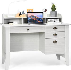 Tangkula White Desk with 4 Storage Drawers & Hutch, Home Office Computer Desk Vintage Desk with Storage Shelves, Wooden Executive Desk Writing Study Desk (White)