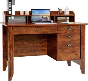 Byroce Small Writing Desk with Removable Hutch, 2-Tier Vanity Table with 4  Drawers, 3 Cubbies & Pine Wood Legs, Study Computer Desk for Bedroom Home