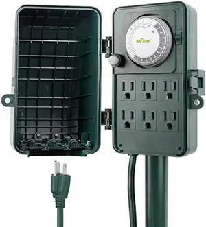 BN-LINK 24 Hour Mechanical Outdoor Multi Socket Timer, 6 Outlet Garden Power Stake with 6ft Cords, Outdoor Timers for Lights, ETL listed, 125V, 15A/1875W