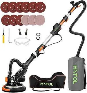 MYTOL Drywall Sander, 7.2A Electric Drywall Sander with Vacuum Dust Collection, 6 Variable Speed 900-1800RPM, LED Light, Foldable & Extendable Handle, 9 Pcs Sanding discs&3 Pcs Grid Sandpaper, Orange