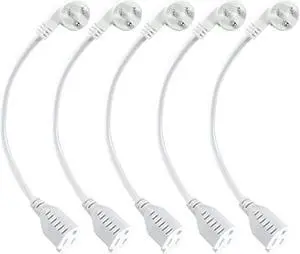 Short Power Extension Cord 1FT - Right Angle Flat Head Extension Cord with 3 Prong White Low Profile Flat Plug 3 Prong Power Cable Single Grounded SJT 16AWG Flexible Power Cord for Indoor Use (5 PACK)