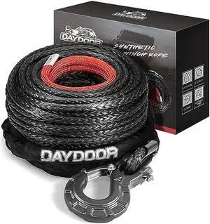 DAYDOOR 3/8'' x 92ft Synthetic Winch Rope, 25,500 Lbs Winch Rope Cable Kit, Winch Line Replacement with Protective Sleeve and Heavy Duty Forged Winch Hook for 4WD Off Road Vehicle Truck ATV UTV