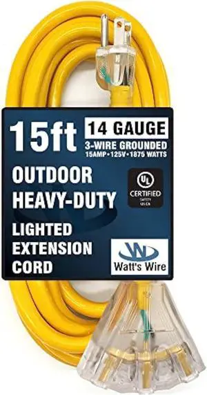 15 ft - 14 Gauge Heavy Duty 3-Outlet Lighted SJTW Indoor/Outdoor Yellow Extension Cord by Watt's Wire - 15' 14-Gauge Grounded 15-Amp Power-Cord (15 Foot 14-Awg Yellow)