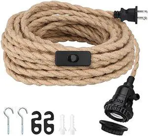 Zevnico 16.5FT Pendant Light Kit, Hanging Lights with Plug in Cord & Switch, Hemp Rope Swag E26 Socket Pendant Lamp, Extension Lantern Cable Vintage Farmhouse Industrial Retro DIY Decoration Fixtures