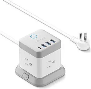 BESTEK Power Strip with USB, Vertical Cube Mountable Power Outlet Extender with 3 Outlets, 3 USB & 1 USB-C PD20W Ports, 5 Feet Extension Cord Flat Plug and Detachable Base for Easy Mounting