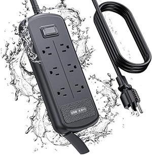 Surge Protector Power Strip 10ft Long Extension Cord, Indoor Outdoor Waterproof 6 Outlets 3 USB Ports, Wall Mountable, Safe for Desktop Home Office Patio, Dorm Room Essentials, Black