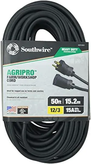 AgriPro Southwire 64816901 12/3 SJTOW Foot Heavy Duty 15 Amp Farm/Workshop Extension Cord; Made in The USA; 50-Feet; UL Listed; Black
