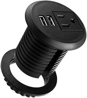 Desk Power Grommet with USB, Fits 2 inch Grommet Hole, Recessed Power Strip Socket, Plug in 2 Outlet 6.5 ft Extension Cord (Black Round)