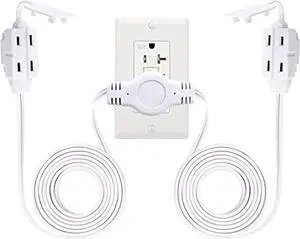Twin Extension Cord Power Strip - 12 Foot Cord - 6 feet on Each Side - Outlet Plug with Safety Cover
