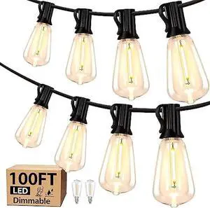 Kondras 100FT(2x50FT) LED Outdoor String Lights, Waterproof Outside Patio Lights String with 50+2 Dimmable ST38 Edison Bulbs Shatterproof, Connectable Hanging Lights for Balcony Yard Porch, Warm White