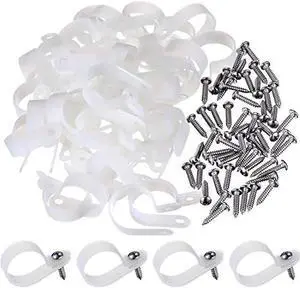 Hicarer 50 Pack R-Type Cable Clip Wire Clamp, Nylon Screw Mounting Cord Fastener Clips with 50 Pack Screws for Wire Management (1 Inch)