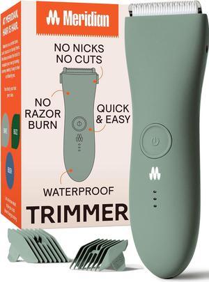 MERIDIAN Body Hair Trimmer for Men and Women - No Nick, No Cut, No Razor Burn Pubic, Groin and Body Shaver - Waterproof & Rechargeable Electric Full Body Groomer - Sage